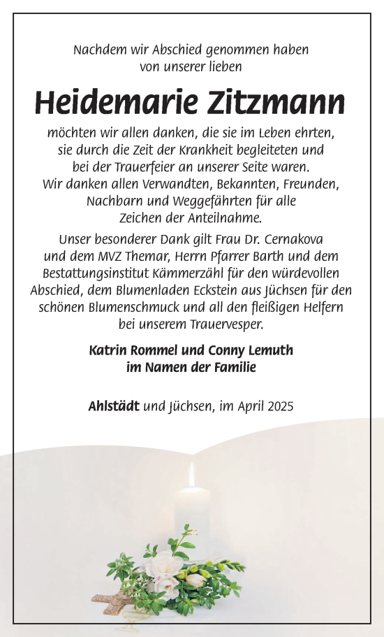 Traueranzeige von Heidemarie Zitzmann von Südthüringer Presse