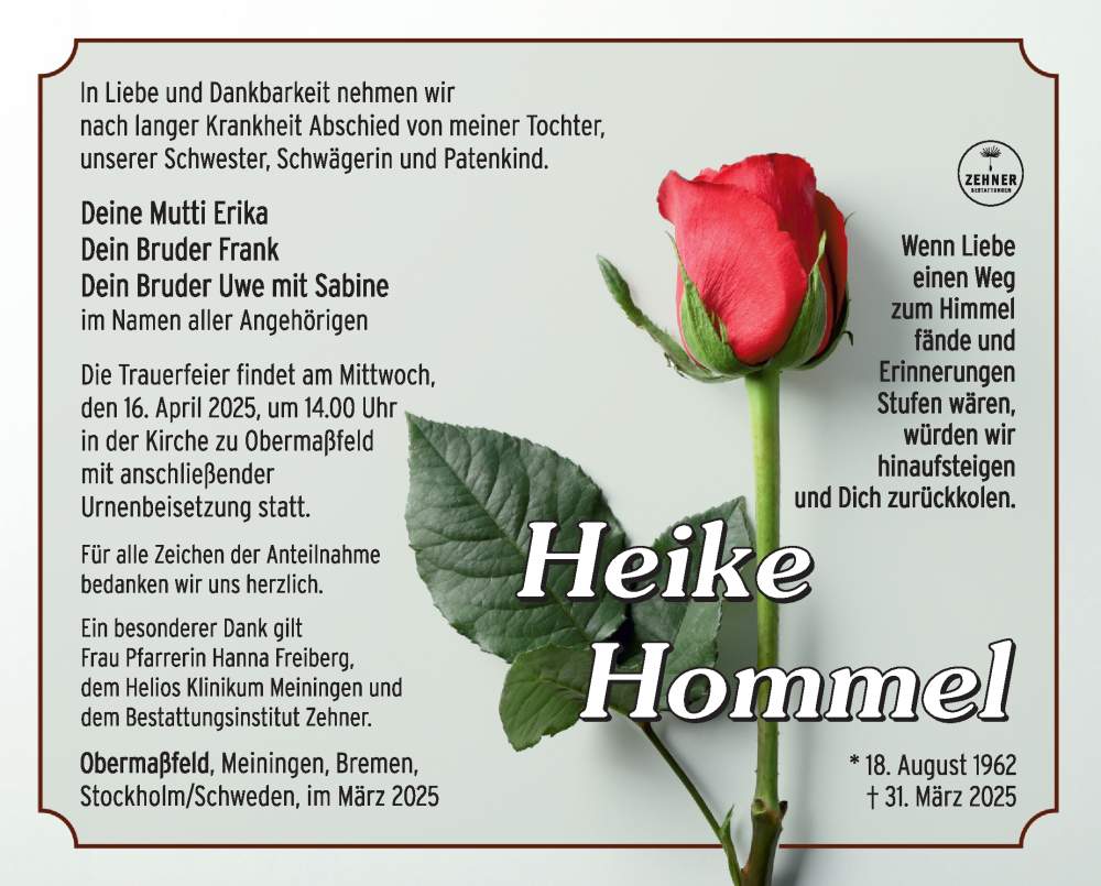  Traueranzeige für Heike Hommel vom 12.04.2025 aus Südthüringer Presse