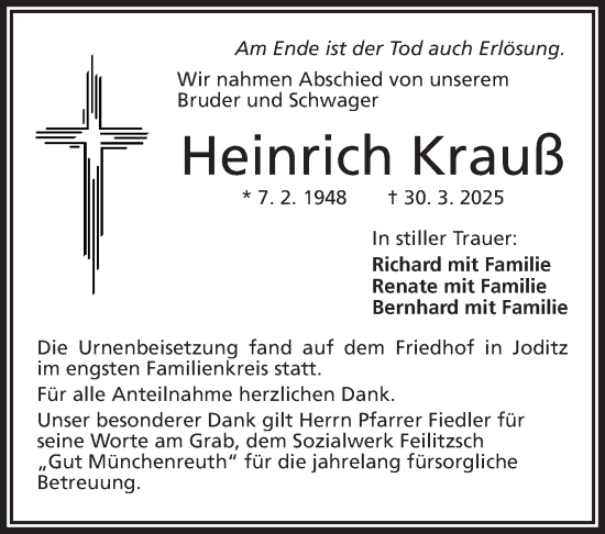 Traueranzeige von Heinrich Krauß von Frankenpost