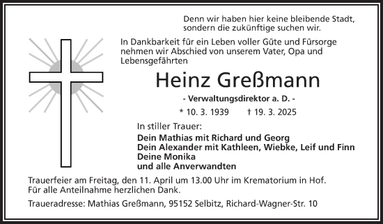 Traueranzeige von Heinz Greßmann von Frankenpost