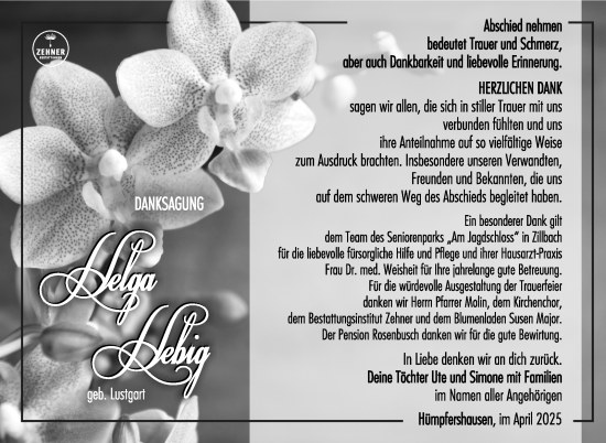 Traueranzeige von Helga Hebig von Südthüringer Presse