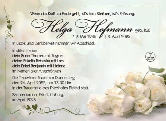 Traueranzeige von Helga Hofmann von Südthüringer Presse