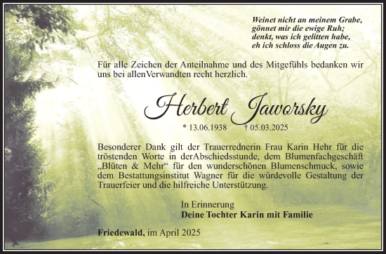 Traueranzeige von Herbert Jaworsky von Südthüringer Presse