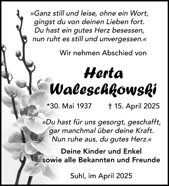 Traueranzeige von Herta Waleschkowski von Südthüringer Presse