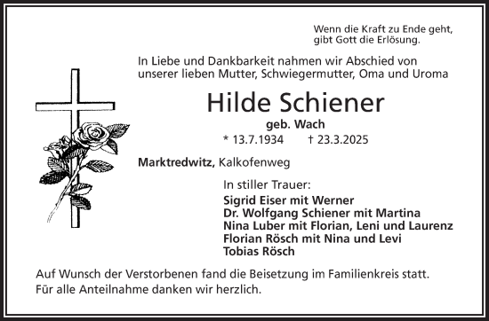 Traueranzeige von Hilde Schiener von Frankenpost