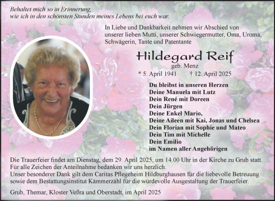 Traueranzeige von Hildegard Reif von Südthüringer Presse