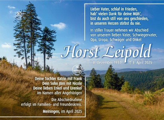 Traueranzeige von Horst Leipold von Südthüringer Presse