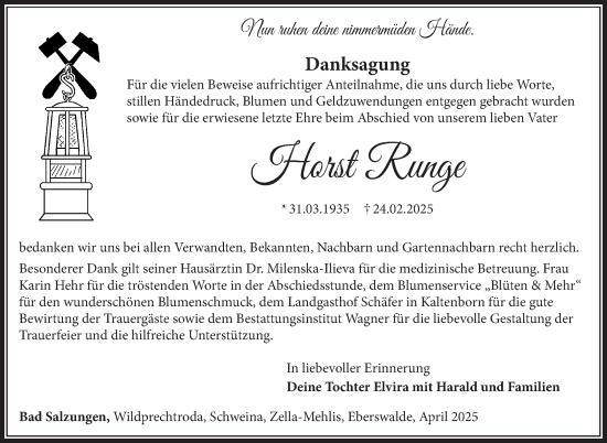 Traueranzeige von Horst Runge von Südthüringer Presse