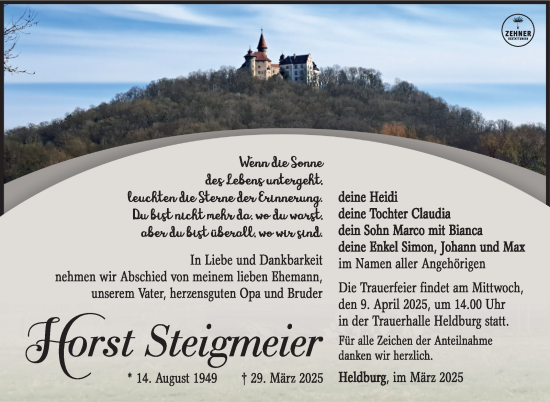 Traueranzeige von Horst Steigmeier von Südthüringer Presse