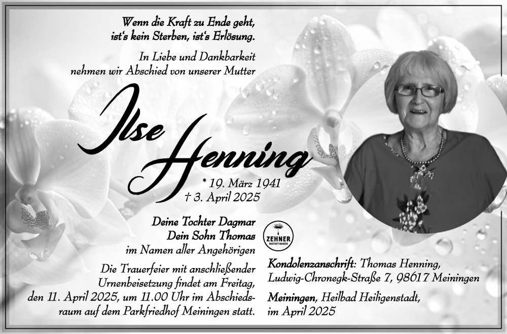  Traueranzeige für Ilse Henning vom 08.04.2025 aus Südthüringer Presse