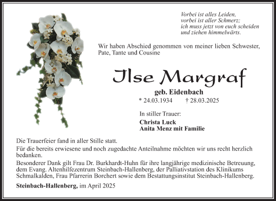 Traueranzeige von Ilse Margraf von Südthüringer Presse
