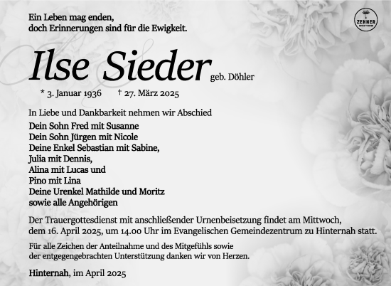 Traueranzeige von Ilse Sieder von Südthüringer Presse