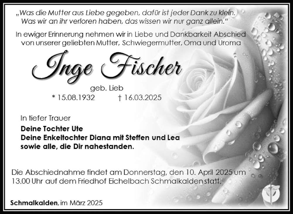  Traueranzeige für Inge Fischer vom 03.04.2025 aus Südthüringer Presse
