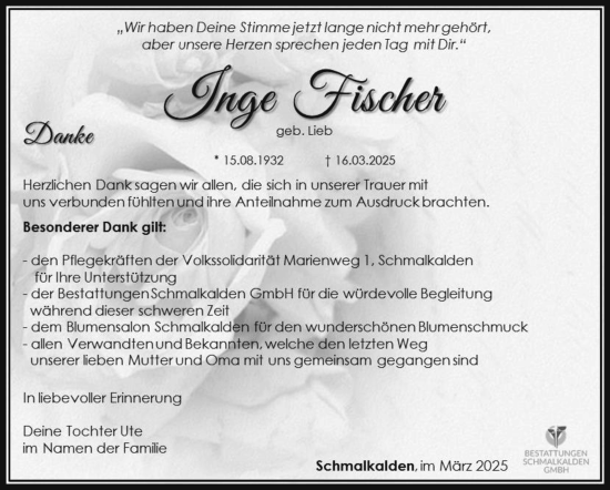 Traueranzeige von Inge Fischer von Südthüringer Presse