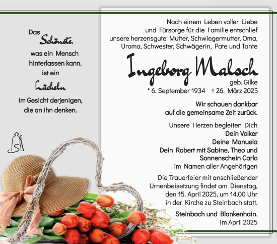 Traueranzeige von Ingeborg Malsch von Südthüringer Presse