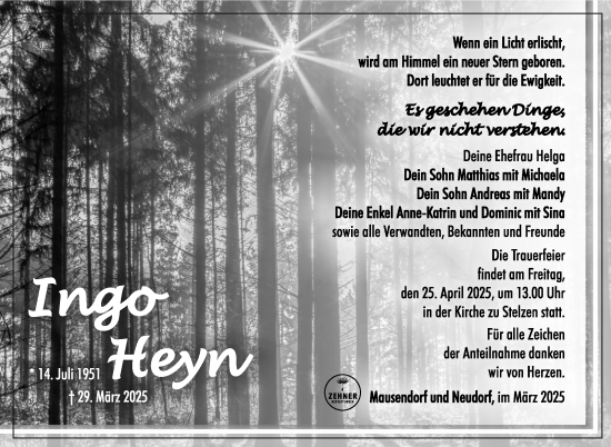 Traueranzeige von Ingo Heyn von Südthüringer Presse