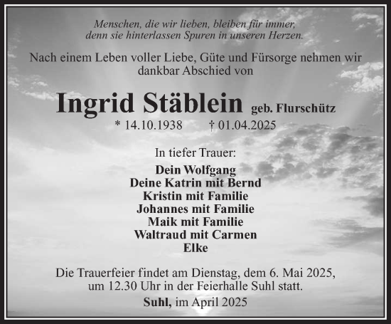 Traueranzeige von Ingrid Stäblein von Südthüringer Presse