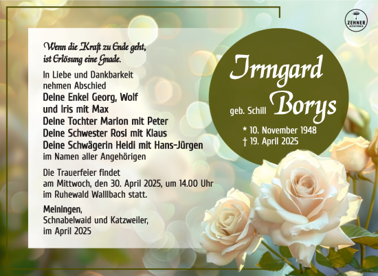 Traueranzeige von Irmgard Borys von Südthüringer Presse