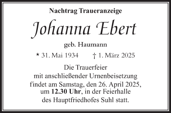 Traueranzeige von Johanna Ebert von Südthüringer Presse