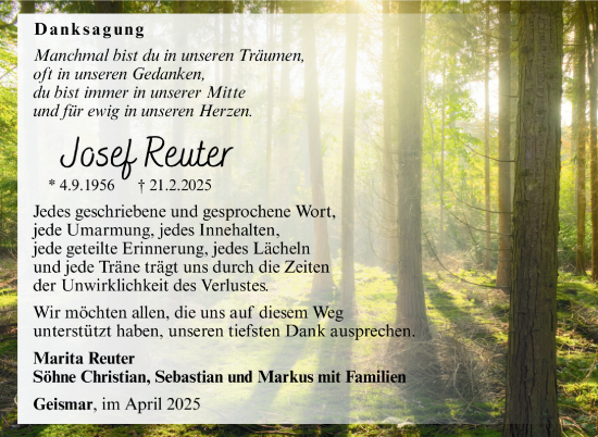 Traueranzeige von Josef Reuter von Südthüringer Presse