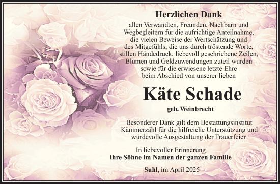 Traueranzeige von Käte Schade von Südthüringer Presse