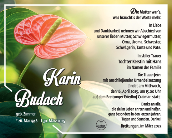 Traueranzeige von Karin Budach von Südthüringer Presse