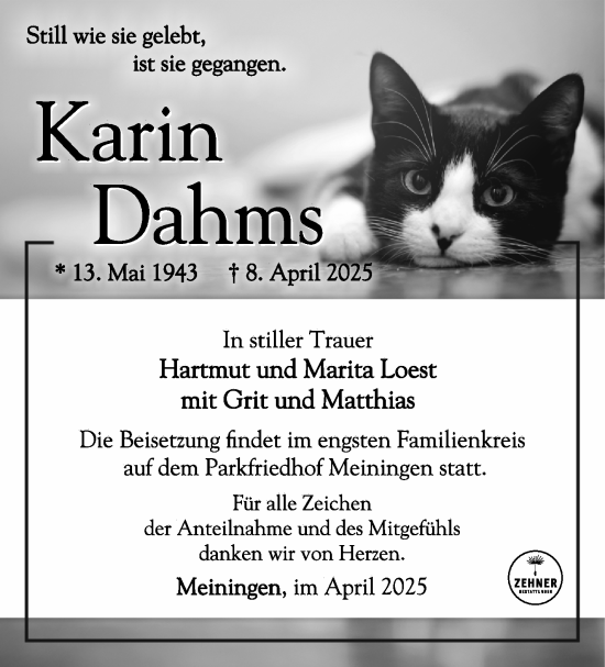 Traueranzeige von Karin Dahms von Südthüringer Presse