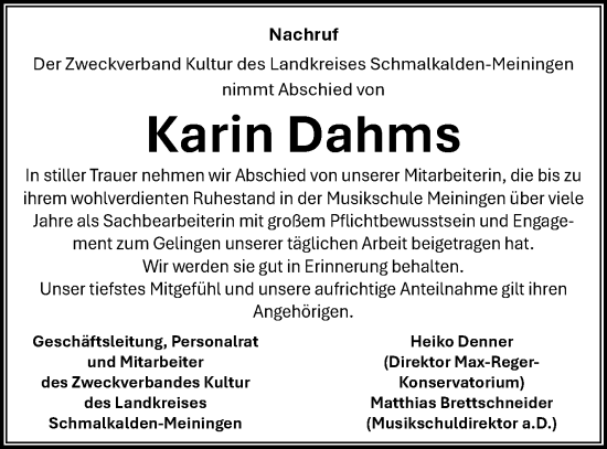 Traueranzeige von Karin Dahms von Südthüringer Presse