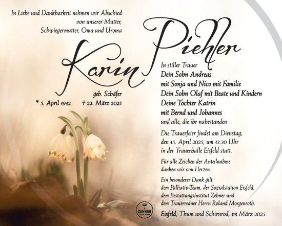 Traueranzeige von Karin Piehler von Südthüringer Presse