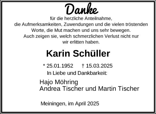 Traueranzeige von Karin Schüller von Südthüringer Presse
