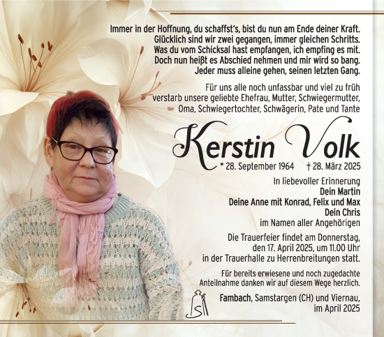 Traueranzeige von Kerstin Volk von Südthüringer Presse