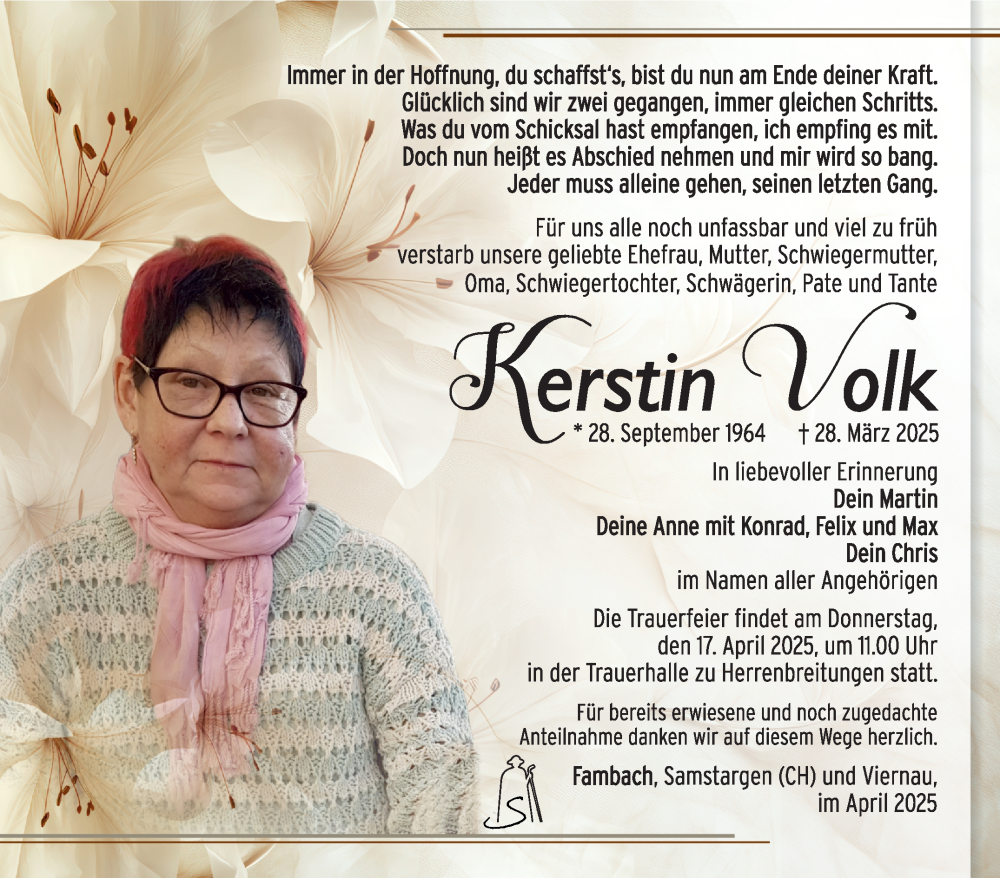  Traueranzeige für Kerstin Volk vom 11.04.2025 aus Südthüringer Presse