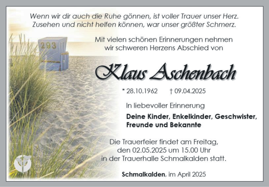 Traueranzeige von Klaus Aschenbach von Südthüringer Presse