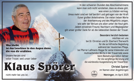 Traueranzeige von Klaus Spörer von Südthüringer Presse