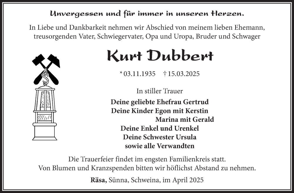  Traueranzeige für Kurt Dubbert vom 05.04.2025 aus Südthüringer Presse