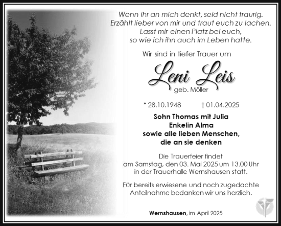 Traueranzeige von Leni Leis von Südthüringer Presse
