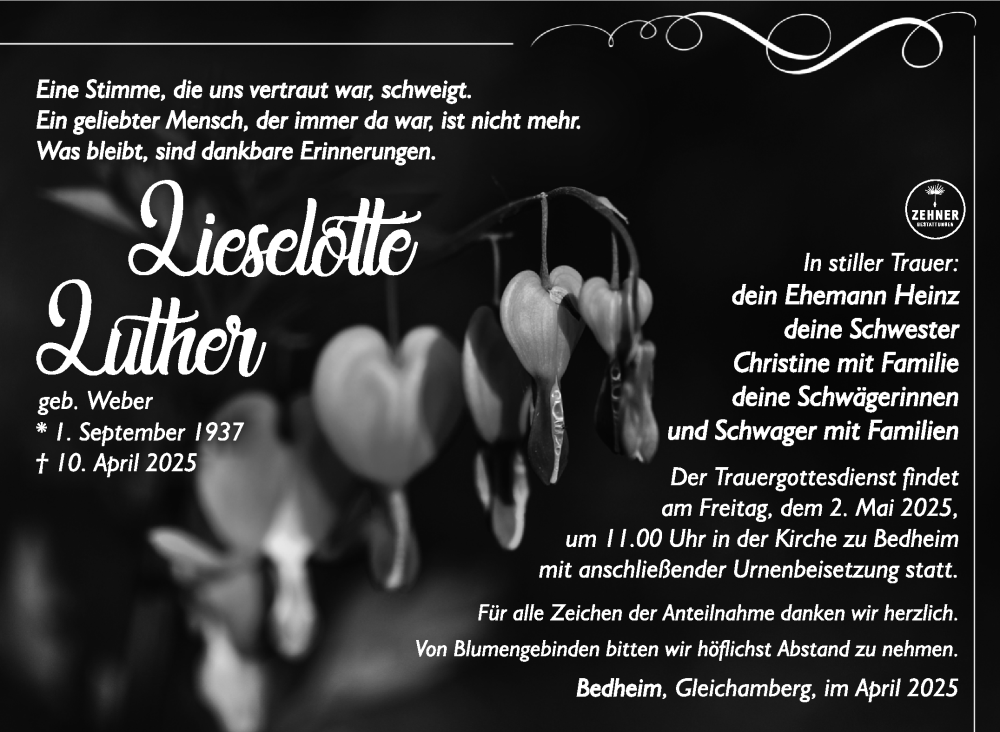  Traueranzeige für Lieselotte Luther vom 26.04.2025 aus Südthüringer Presse