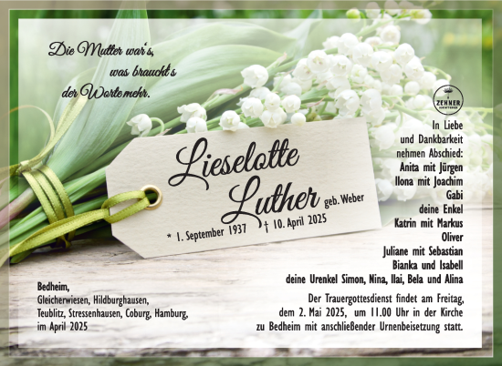 Traueranzeige von Lieselotte Luther von Südthüringer Presse