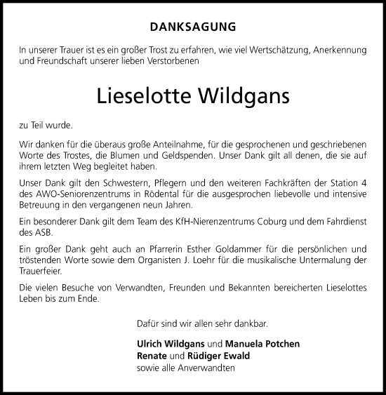 Traueranzeige von Lieselotte Wildgans von Neue Presse Coburg