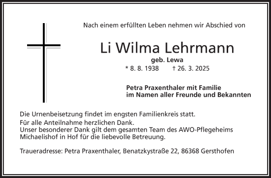 Traueranzeige von Li Wilma Lehrmann von Frankenpost