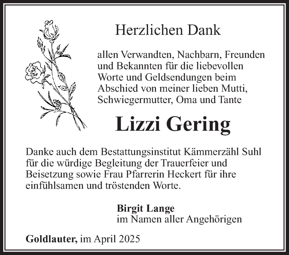  Traueranzeige für Lizzi Gering vom 05.04.2025 aus Südthüringer Presse