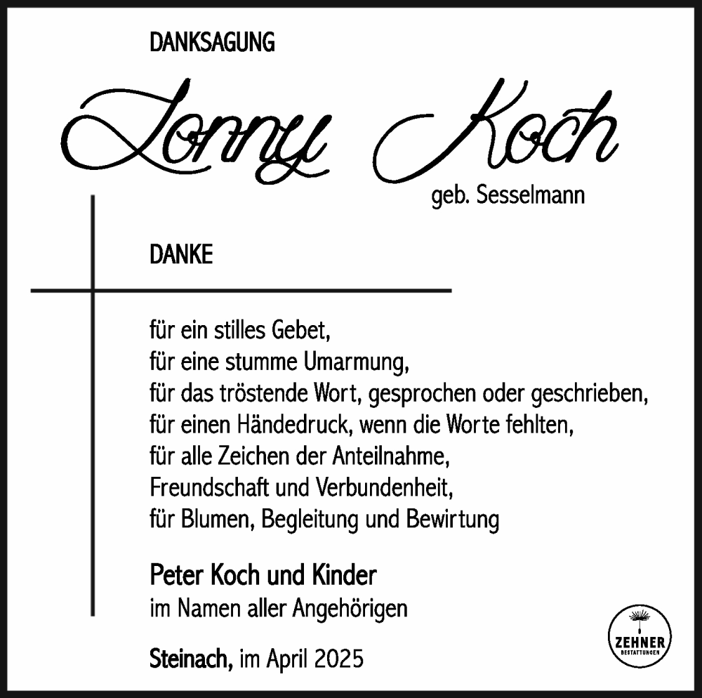  Traueranzeige für Lonny Koch vom 12.04.2025 aus Südthüringer Presse