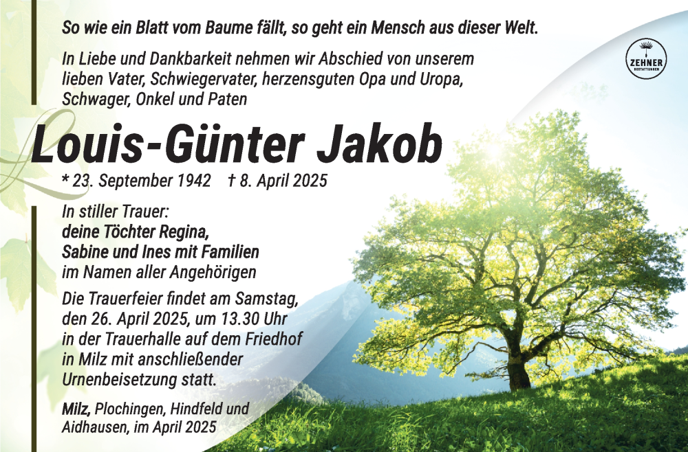  Traueranzeige für Louis-Günter Jakob vom 19.04.2025 aus Südthüringer Presse