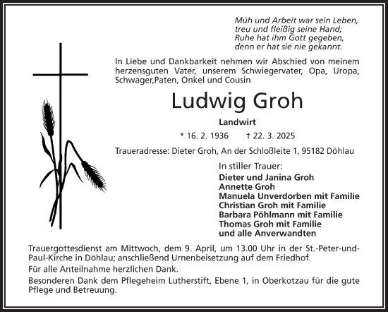 Traueranzeige von Ludwig Groh von Frankenpost