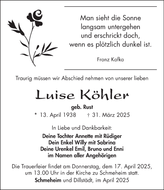 Traueranzeige von Luise Köhler von Südthüringer Presse