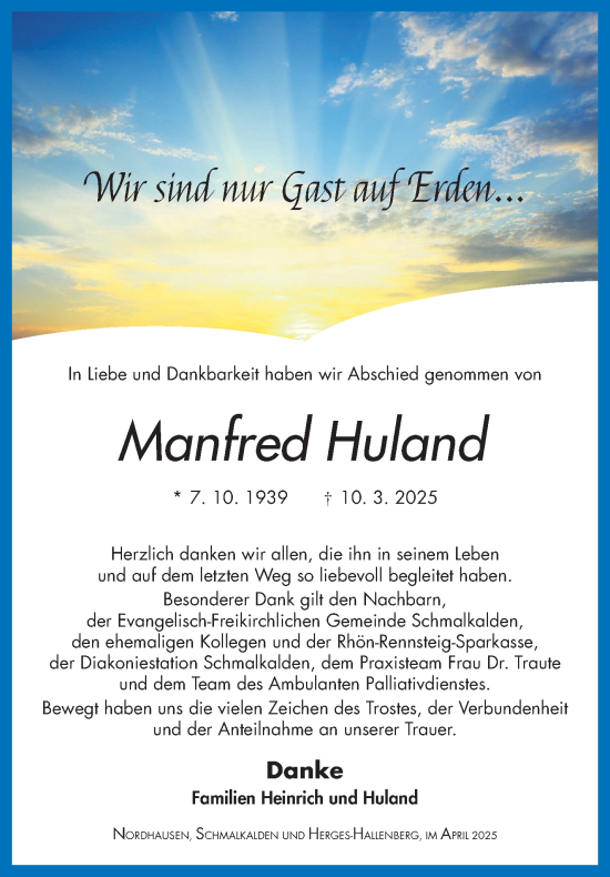Traueranzeige von Manfred Huland von Südthüringer Presse