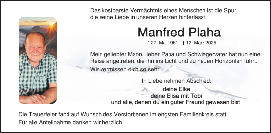 Traueranzeige von Manfred Plaha von Frankenpost