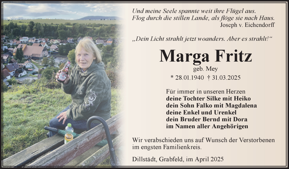  Traueranzeige für Marga Fritz vom 12.04.2025 aus Südthüringer Presse