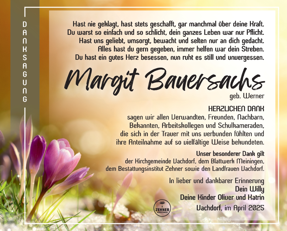  Traueranzeige für Margit Bauersachs vom 05.04.2025 aus Südthüringer Presse