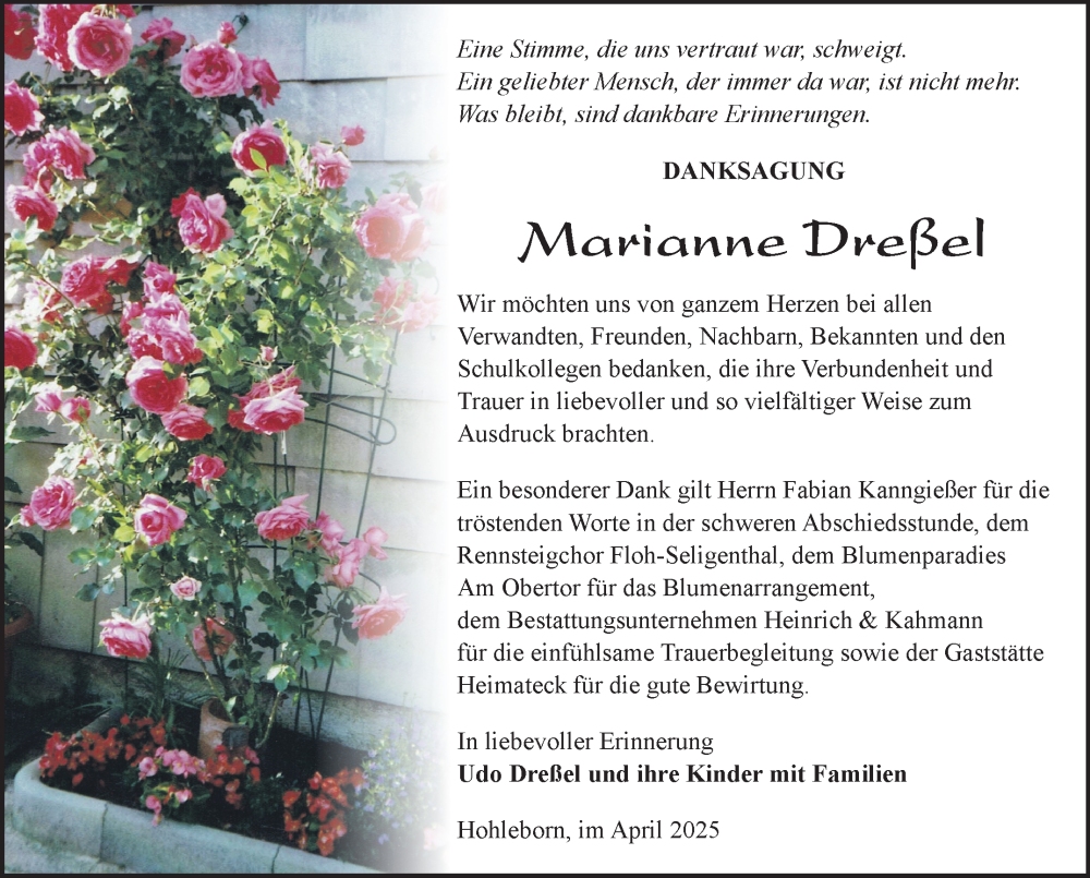  Traueranzeige für Marianne Dreßel vom 12.04.2025 aus Südthüringer Presse